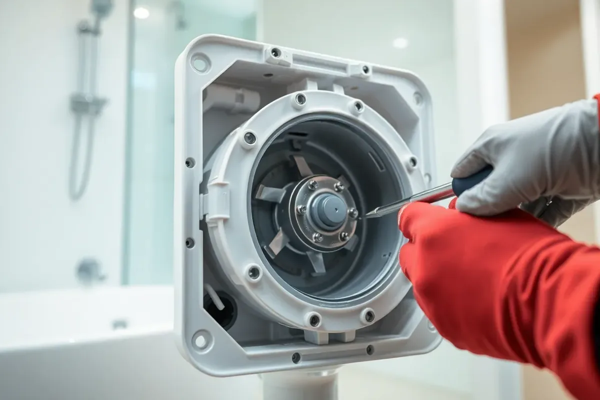 Engineer in gloves repairing the internal cutting blade of a white macerator unit in a Manchester bathroom